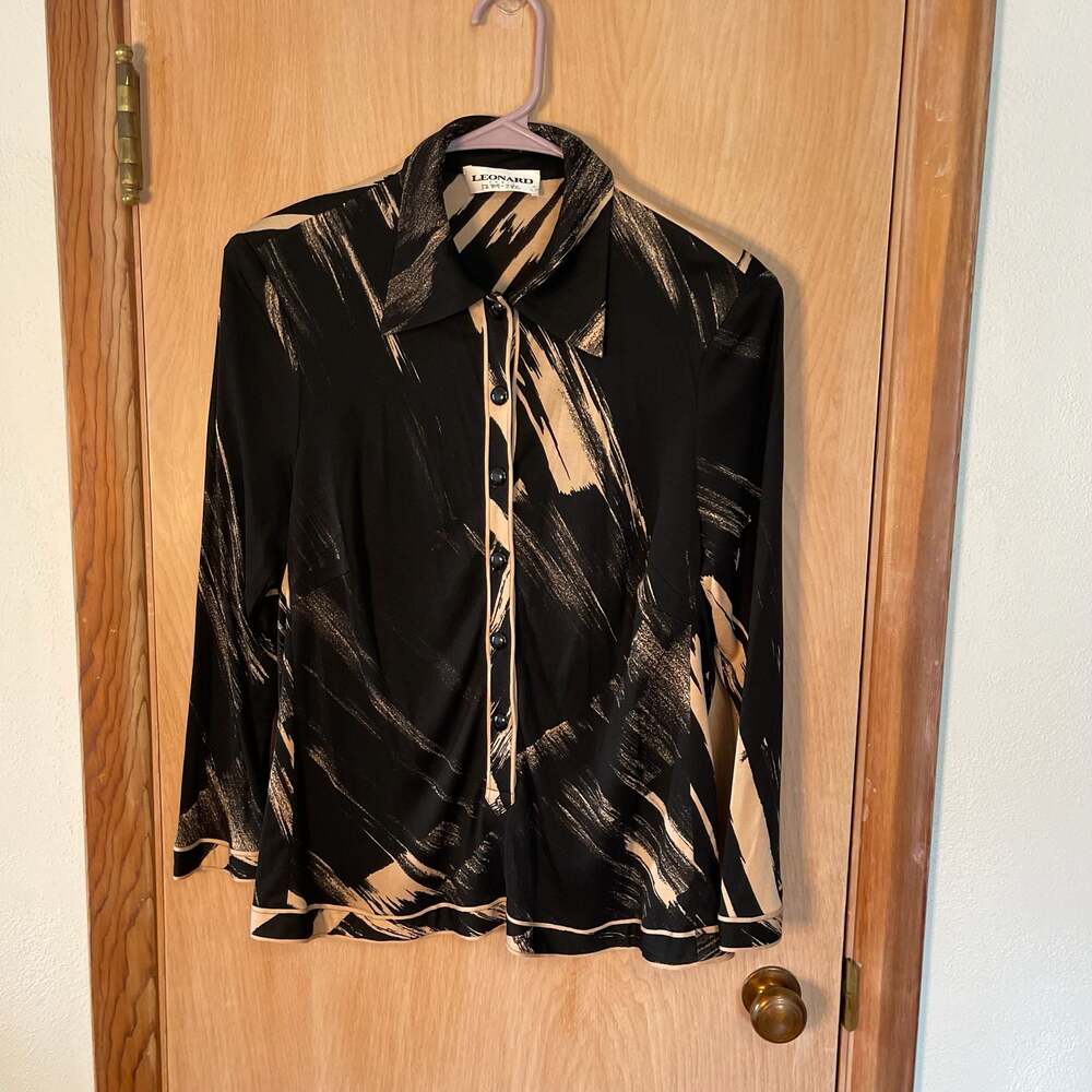 Leonard Paris Vintage Abstract Brushstroke Print Button-Up Blouse Size L